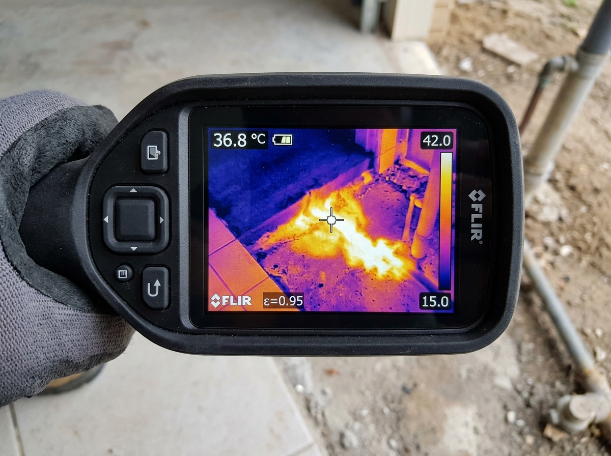 Thermal imaging scan revealing a hot water line leak under a concrete slab