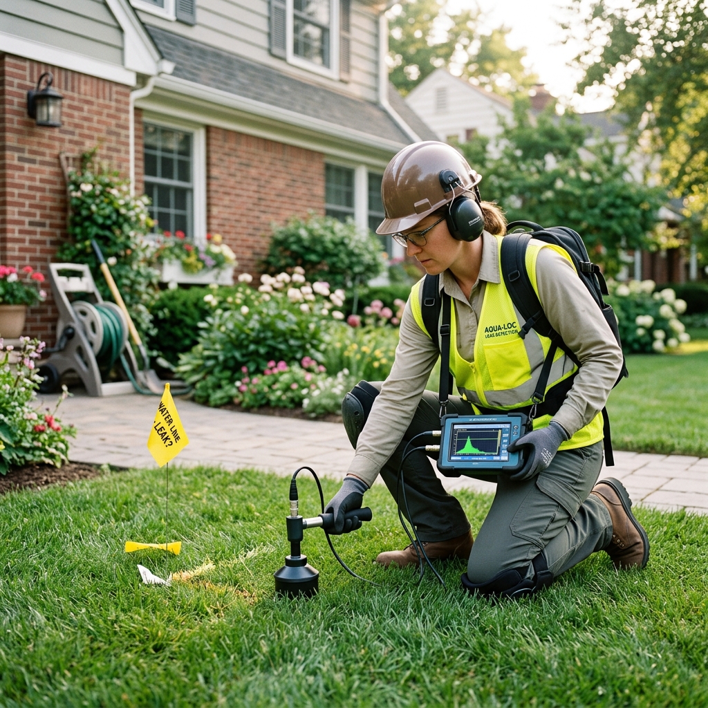 Technician using electronic leak detector to find a hidden water line leak