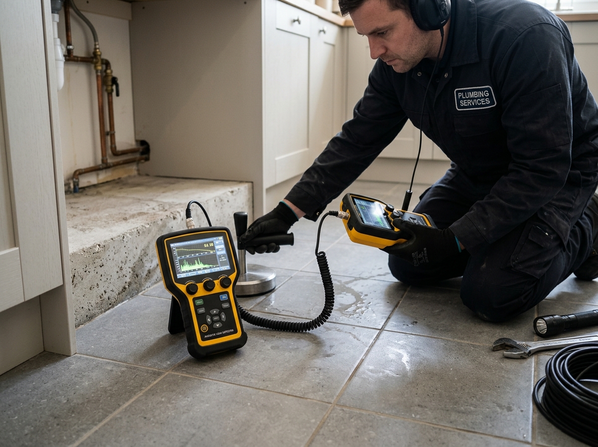 Plumbing technician compiling a detailed written slab leak inspection report