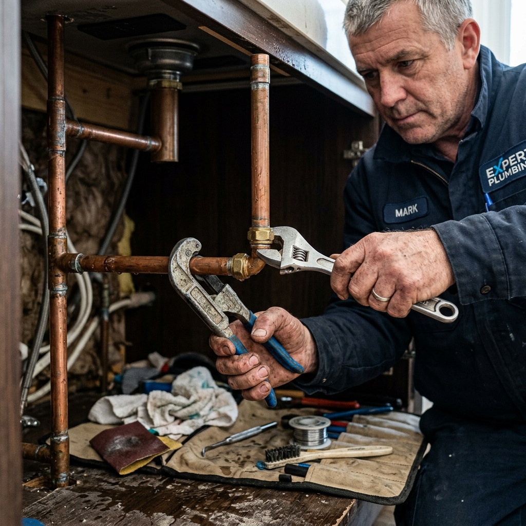 Plumbing technician installing an overhead PEX water pipe reroute